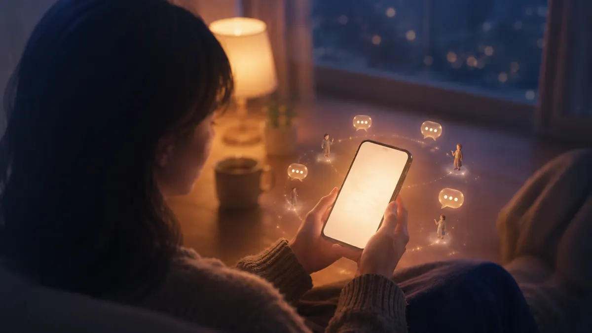 夜の部屋でスマートフォンを見ており、周囲に小さな人影とチャットの吹き出しが浮かぶイラスト