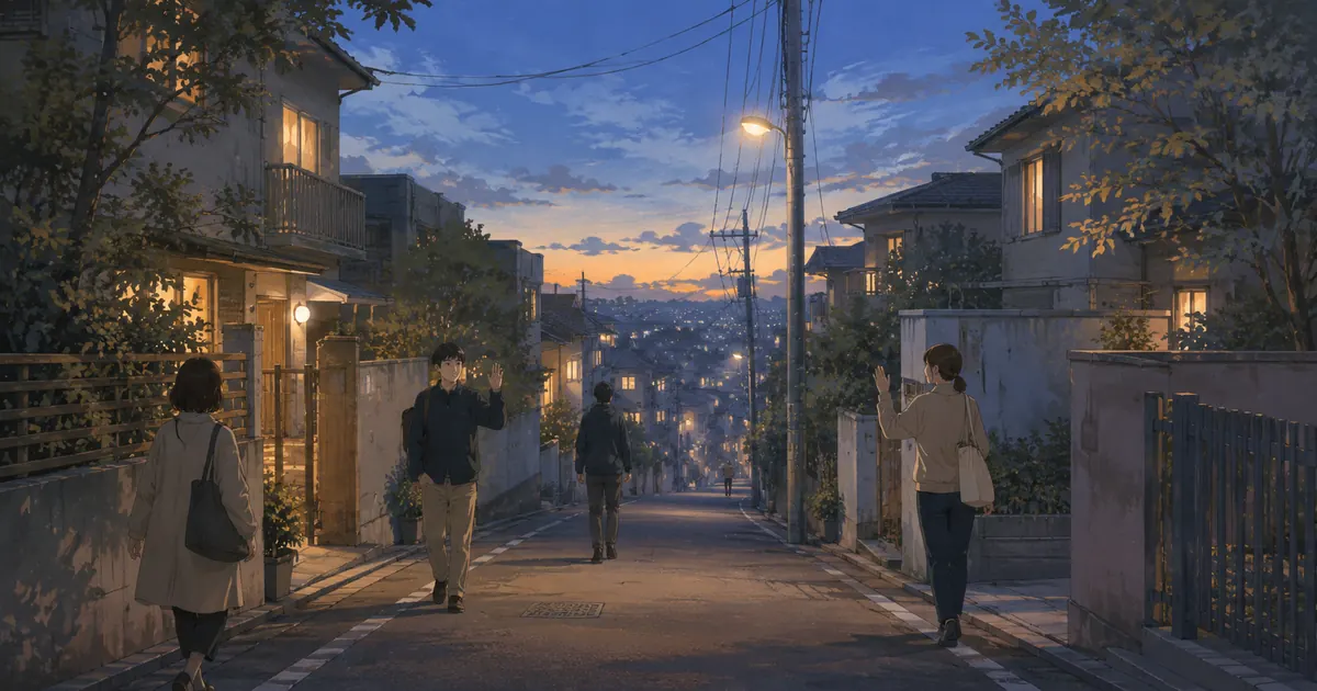 夕方の住宅街の坂道で、すれ違いざまに軽く手を上げる人たちを描いたイラスト