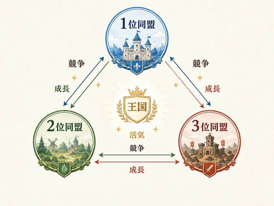 上位3つの同盟が競争と成長を通じてバランスよく関係していることを示す王国の図解