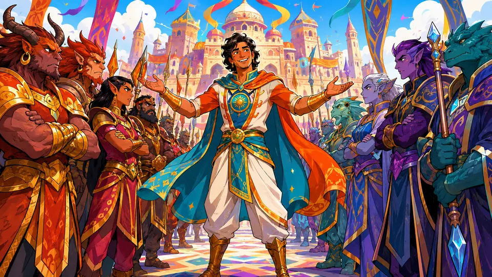 対立する勢力の間に立ち、インド風の使者が両側へ語りかけて仲裁しようとしているイラスト